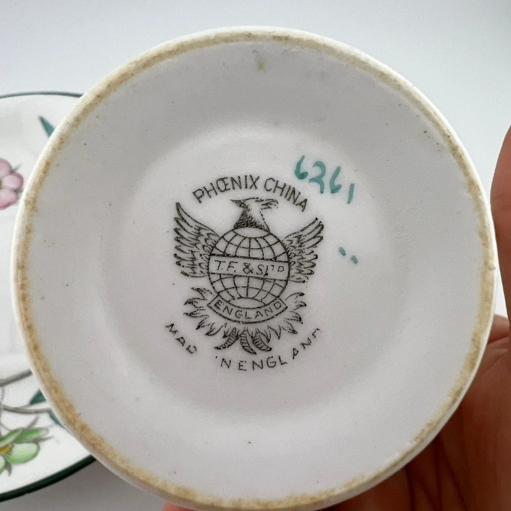 VTG Phoenix China England Floral Cup & Saucer TF&S Ltd Hand Painted Handle 1930s